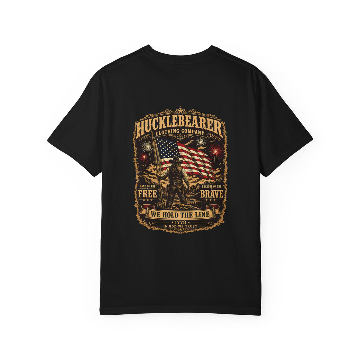 Front Print - HuckleBearer Patriotic 'We Hold The Line' Flag T‑Shirt