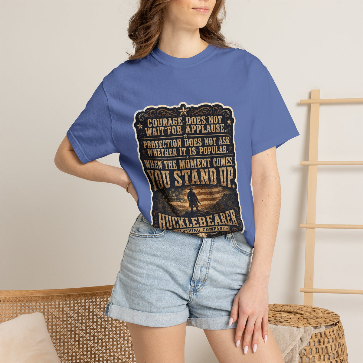 Front Print - HuckleBearer  — 'When the Moment Comes You Stand Up' Courage Motto T‑Shirt