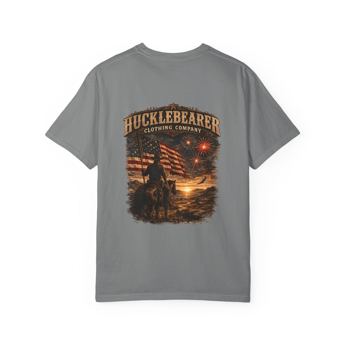 Back Print - Hucklebearer Patriotic Vintage Sunset Cowboy Flag T-Shirt