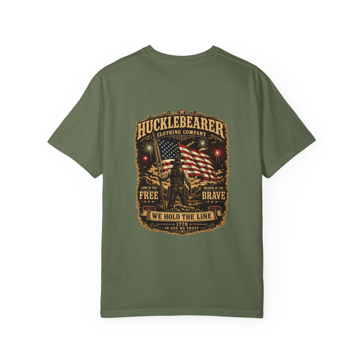 Front Print - HuckleBearer Patriotic 'We Hold The Line' Flag T‑Shirt