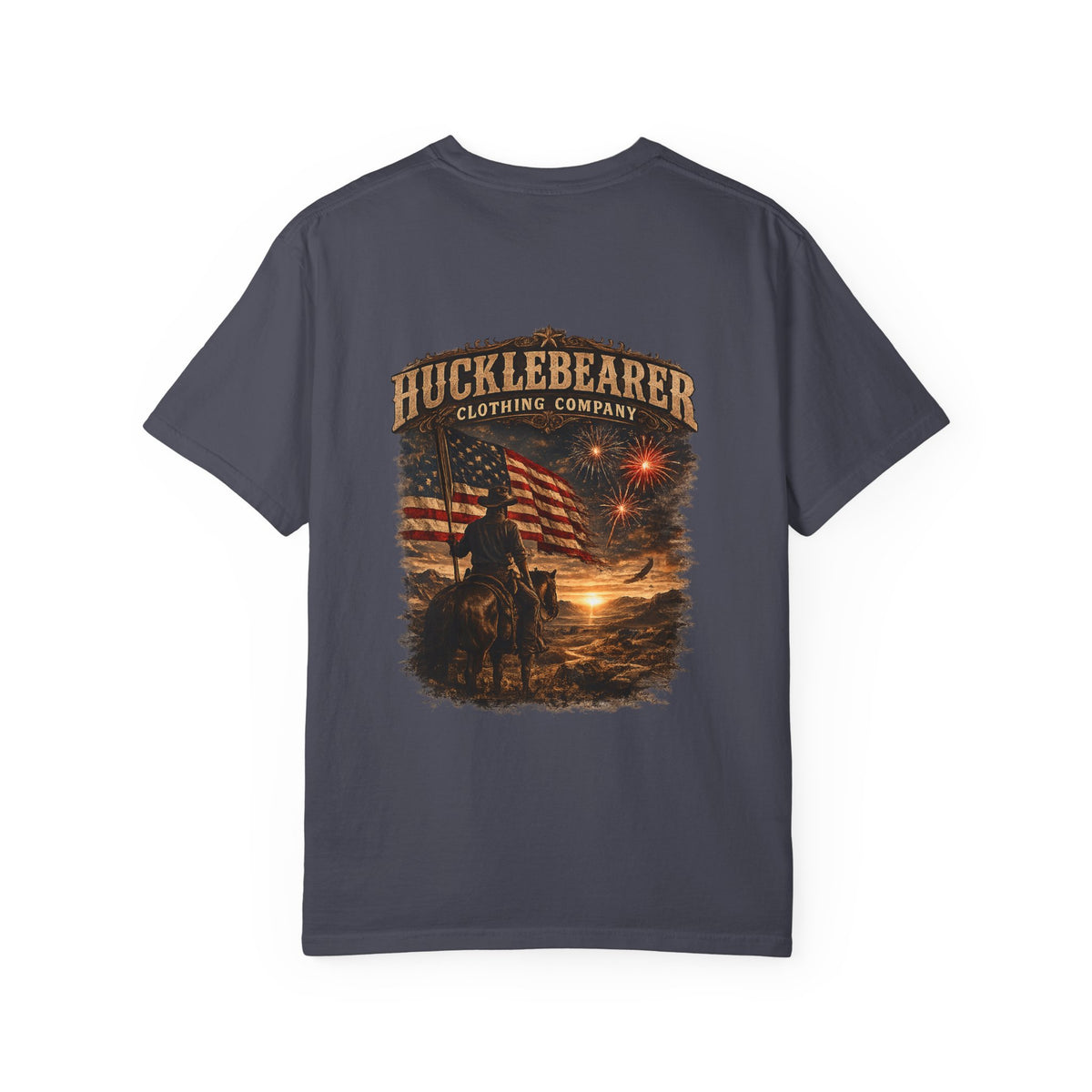 Back Print - Hucklebearer Patriotic Vintage Sunset Cowboy Flag T-Shirt