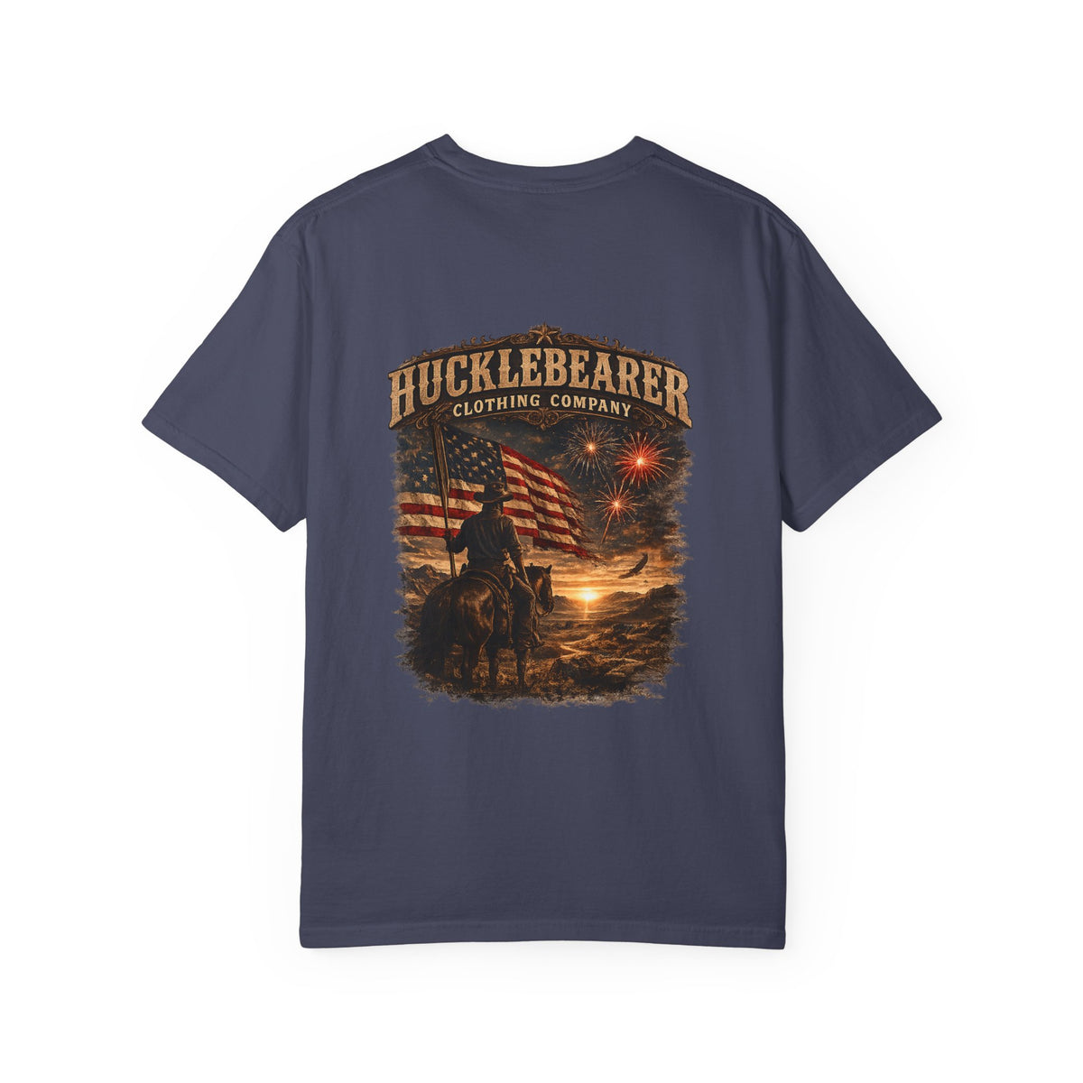 Back Print - Hucklebearer Patriotic Vintage Sunset Cowboy Flag T-Shirt