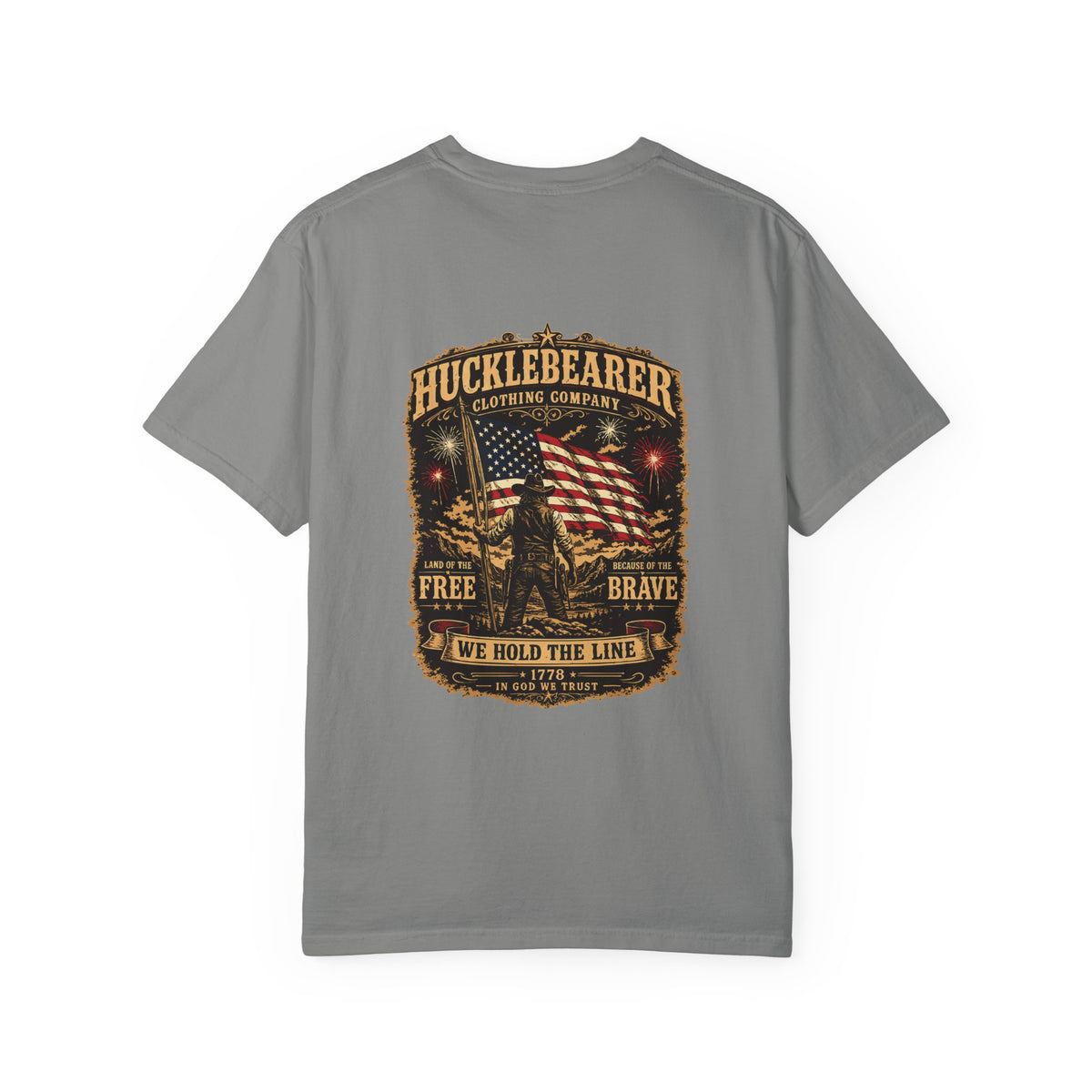 Front Print - HuckleBearer Patriotic 'We Hold The Line' Flag T‑Shirt
