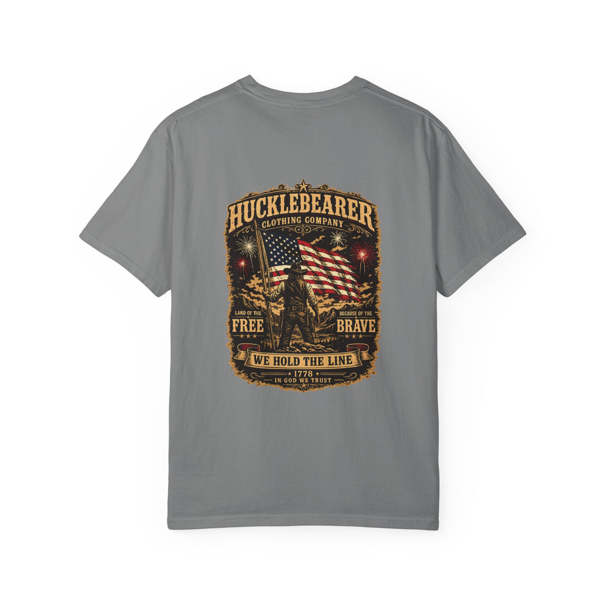 Front Print - HuckleBearer Patriotic 'We Hold The Line' Flag T‑Shirt