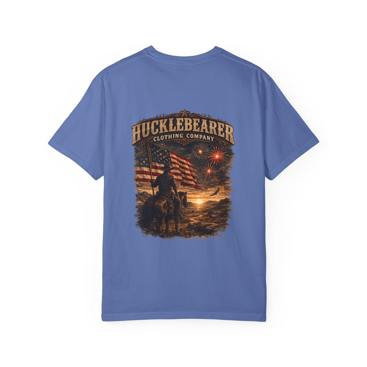 Back Print - Hucklebearer Patriotic Vintage Sunset Cowboy Flag T-Shirt