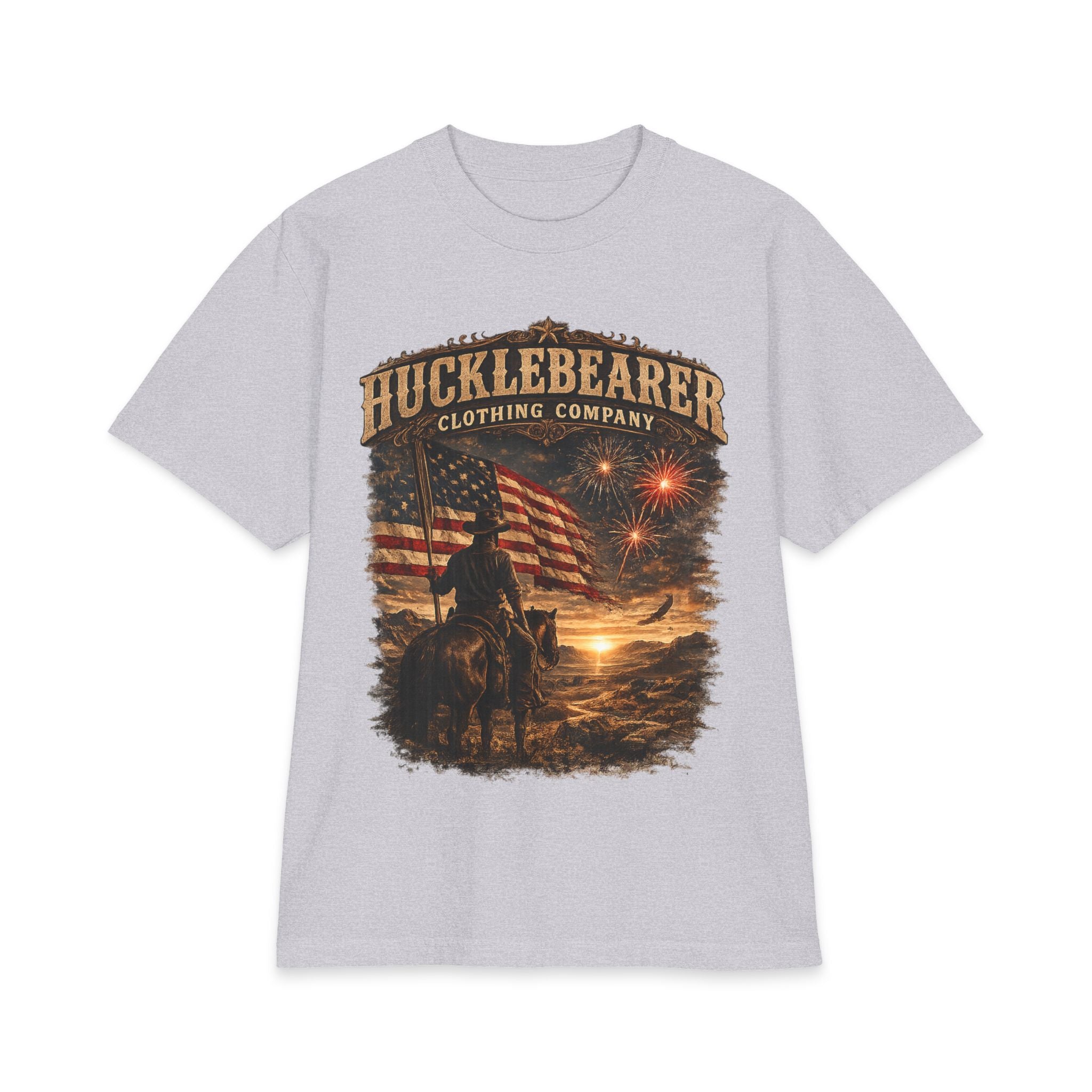 Hucklebearer Patriotic Vintage Sunset Cowboy Flag T-Shirt