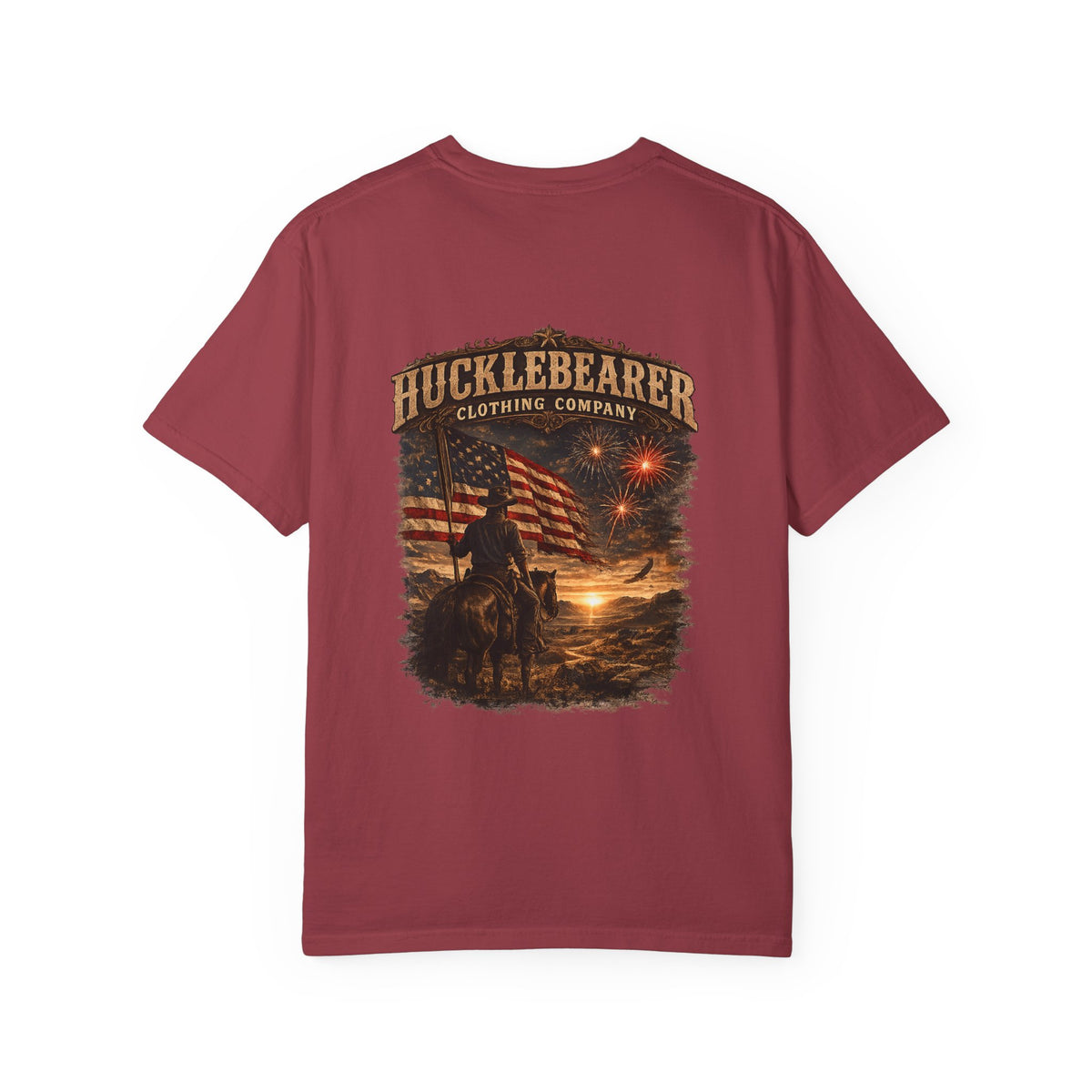 Back Print - Hucklebearer Patriotic Vintage Sunset Cowboy Flag T-Shirt