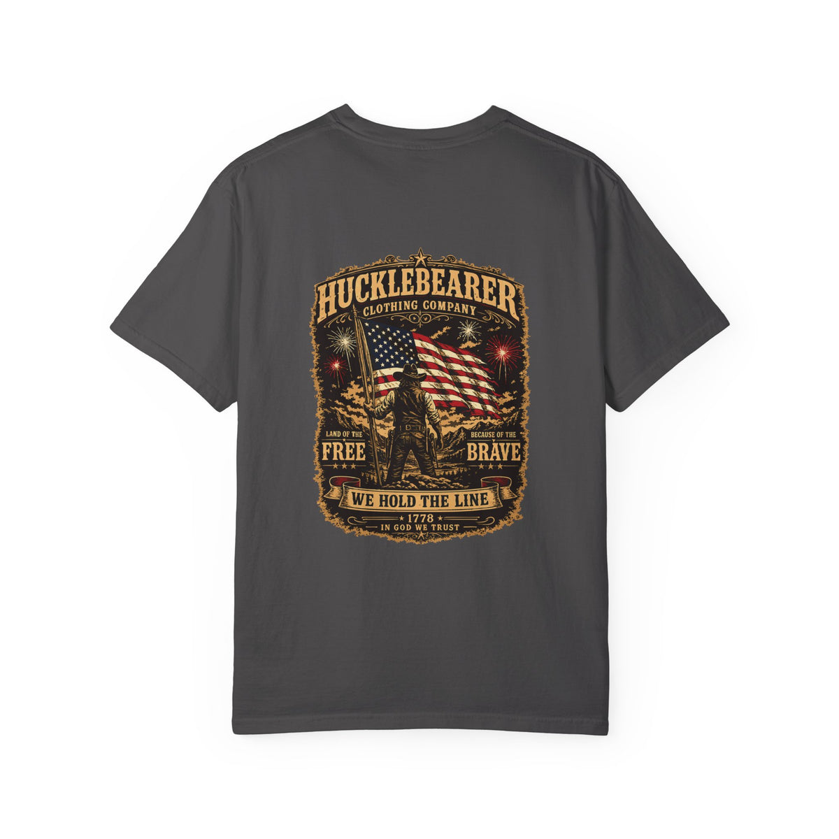 Front Print - HuckleBearer Patriotic 'We Hold The Line' Flag T‑Shirt