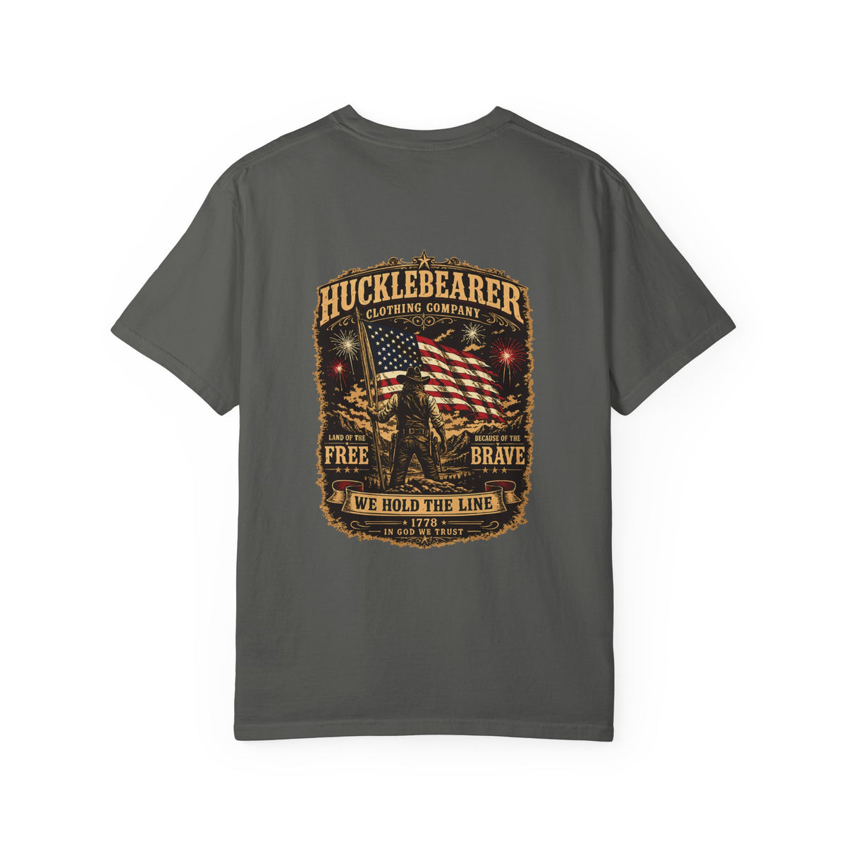 Front Print - HuckleBearer Patriotic 'We Hold The Line' Flag T‑Shirt