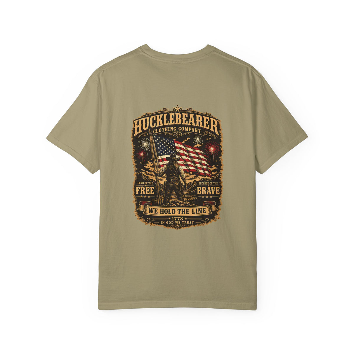 Front Print - HuckleBearer Patriotic 'We Hold The Line' Flag T‑Shirt