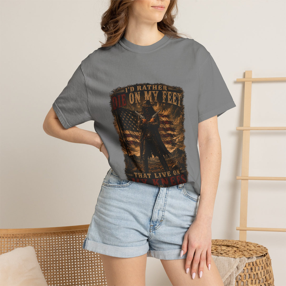 Front Print- Patriotic Cowboy T-Shirt — "I’d Rather Die On My Feet..." Graphic Tee
