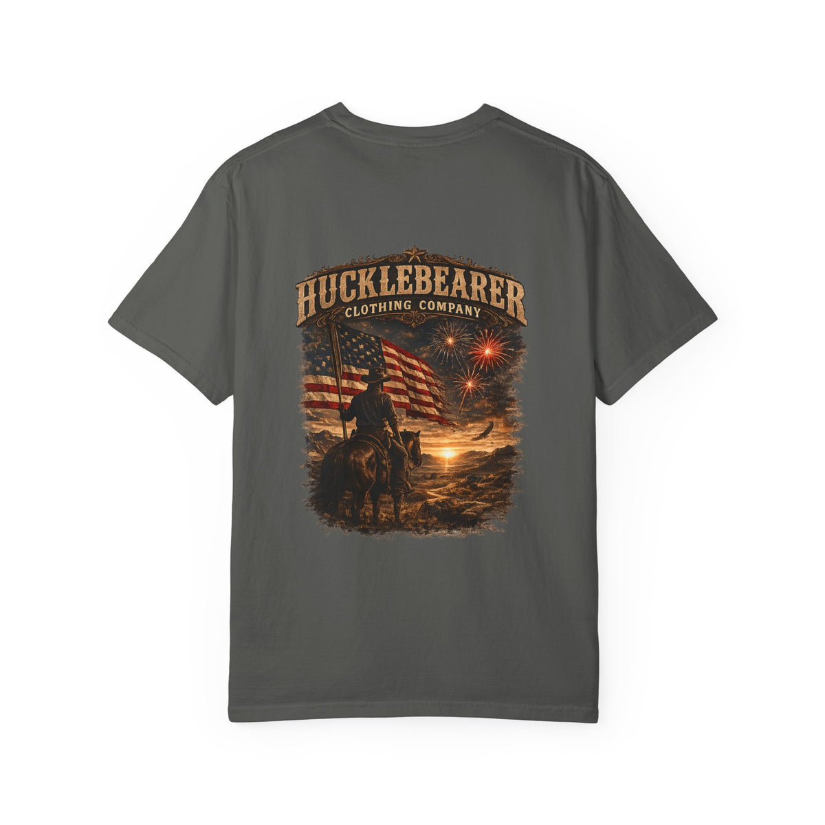 Back Print - Hucklebearer Patriotic Vintage Sunset Cowboy Flag T-Shirt