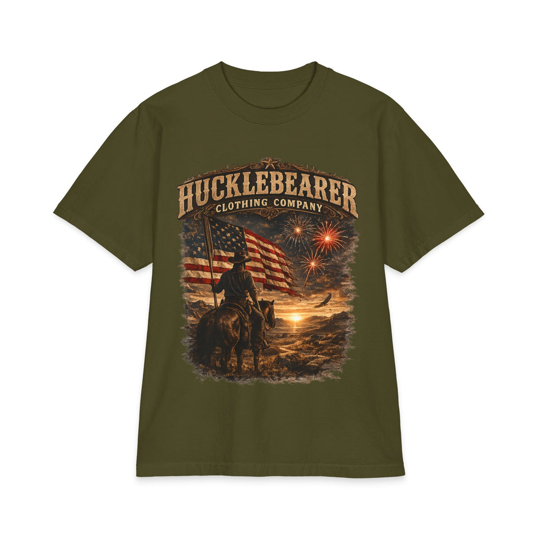 Hucklebearer Patriotic Vintage Sunset Cowboy Flag T-Shirt