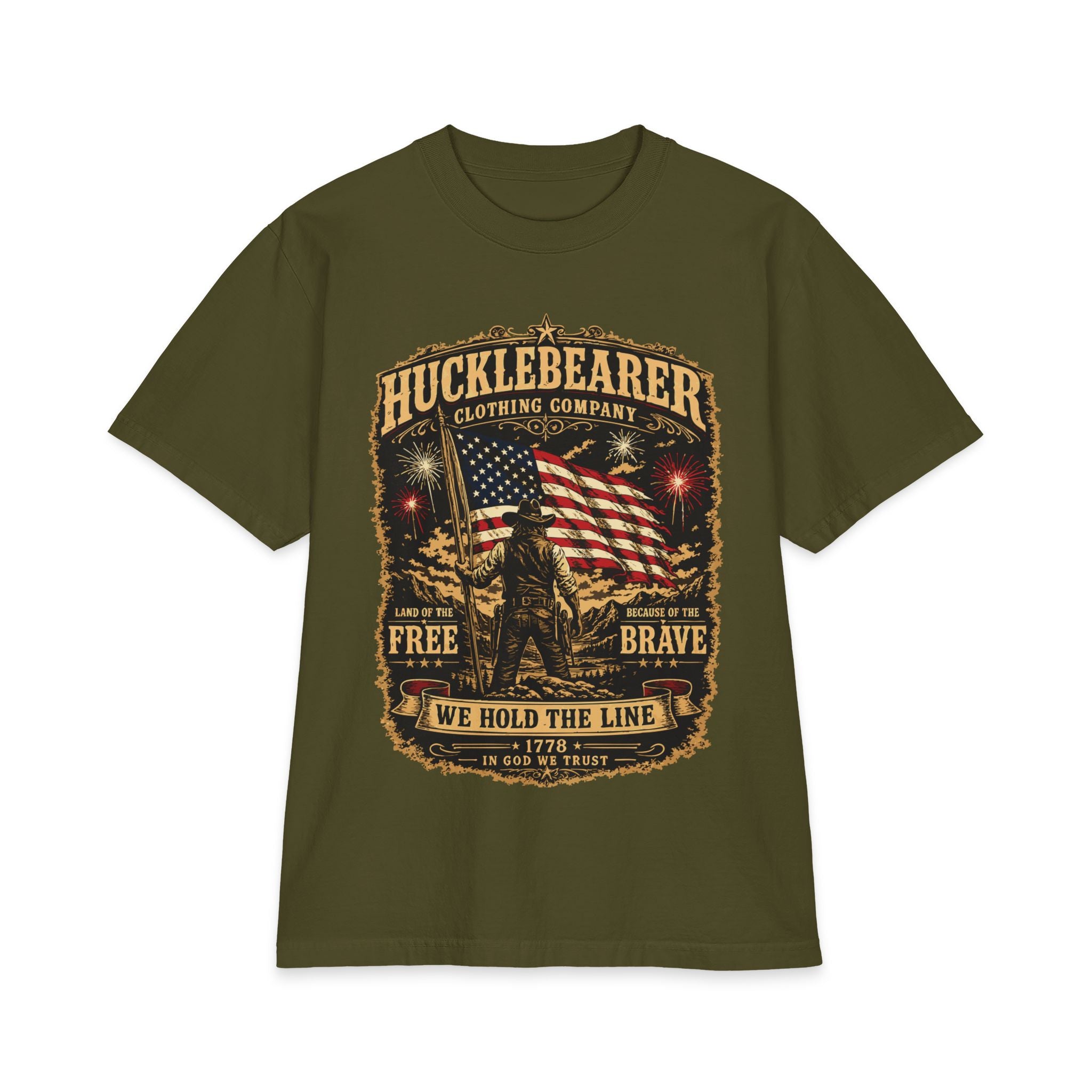 HuckleBearer Patriotic 'We Hold The Line' Flag T‑Shirt