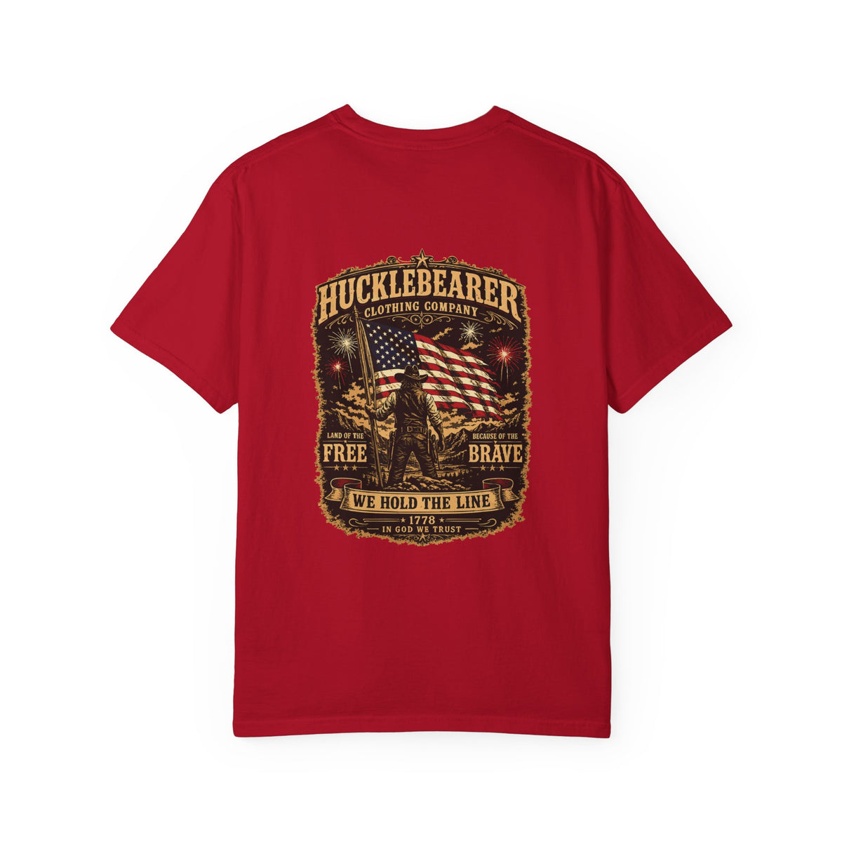 Front Print - HuckleBearer Patriotic 'We Hold The Line' Flag T‑Shirt