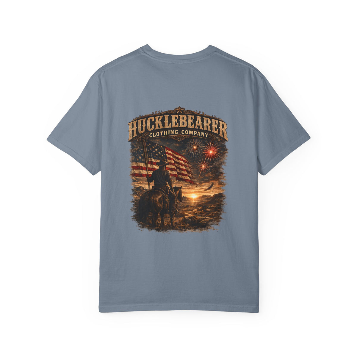 Back Print - Hucklebearer Patriotic Vintage Sunset Cowboy Flag T-Shirt