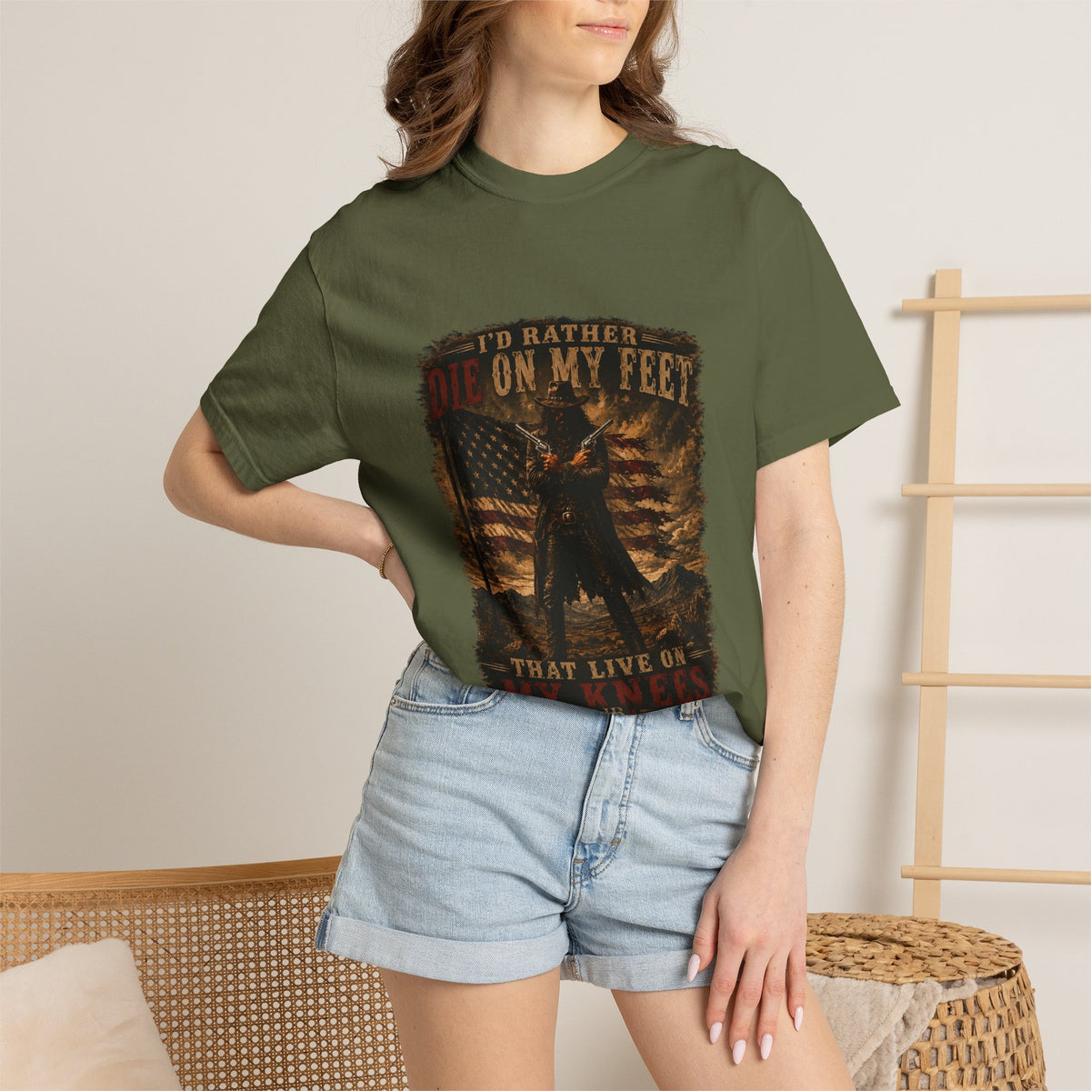 Front Print- Patriotic Cowboy T-Shirt — "I’d Rather Die On My Feet..." Graphic Tee