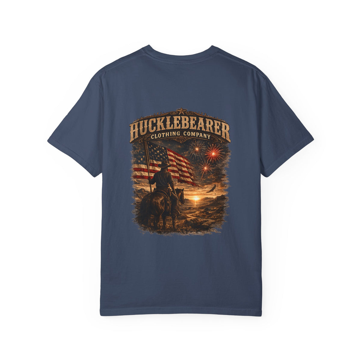Back Print - Hucklebearer Patriotic Vintage Sunset Cowboy Flag T-Shirt