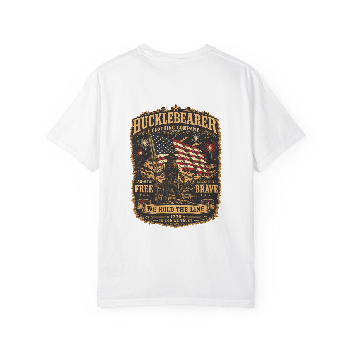 Front Print - HuckleBearer Patriotic 'We Hold The Line' Flag T‑Shirt