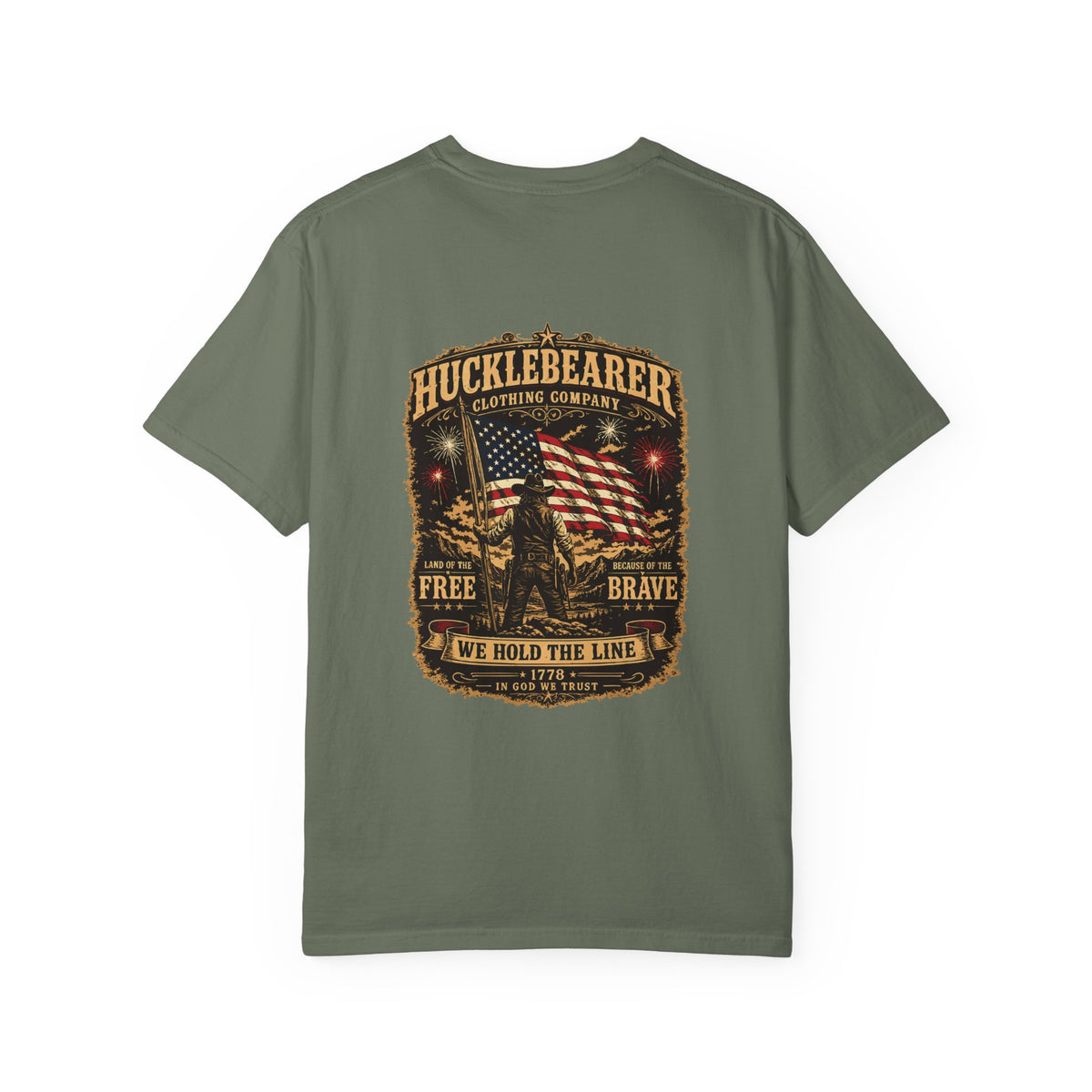 Front Print - HuckleBearer Patriotic 'We Hold The Line' Flag T‑Shirt