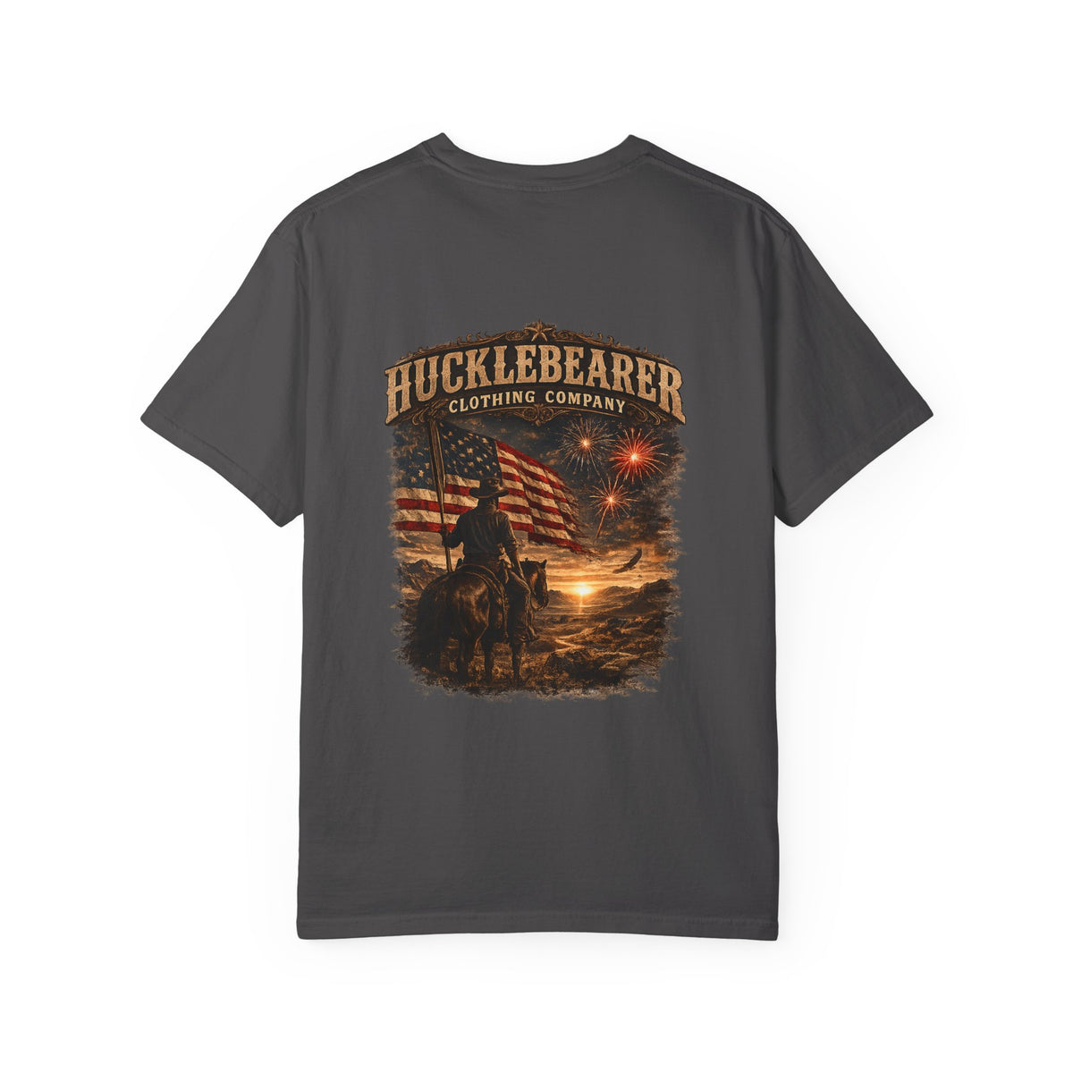 Back Print - Hucklebearer Patriotic Vintage Sunset Cowboy Flag T-Shirt