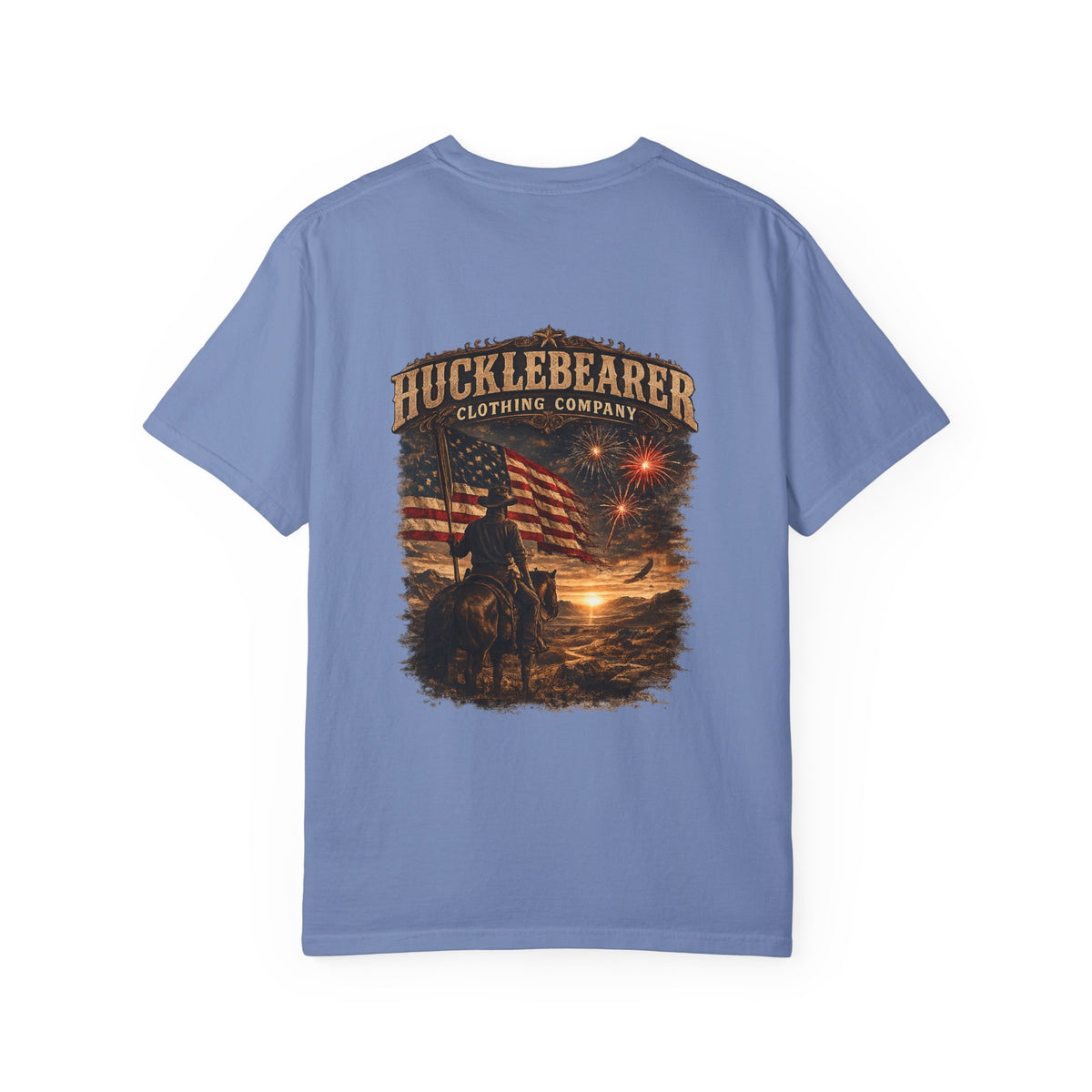 Back Print - Hucklebearer Patriotic Vintage Sunset Cowboy Flag T-Shirt