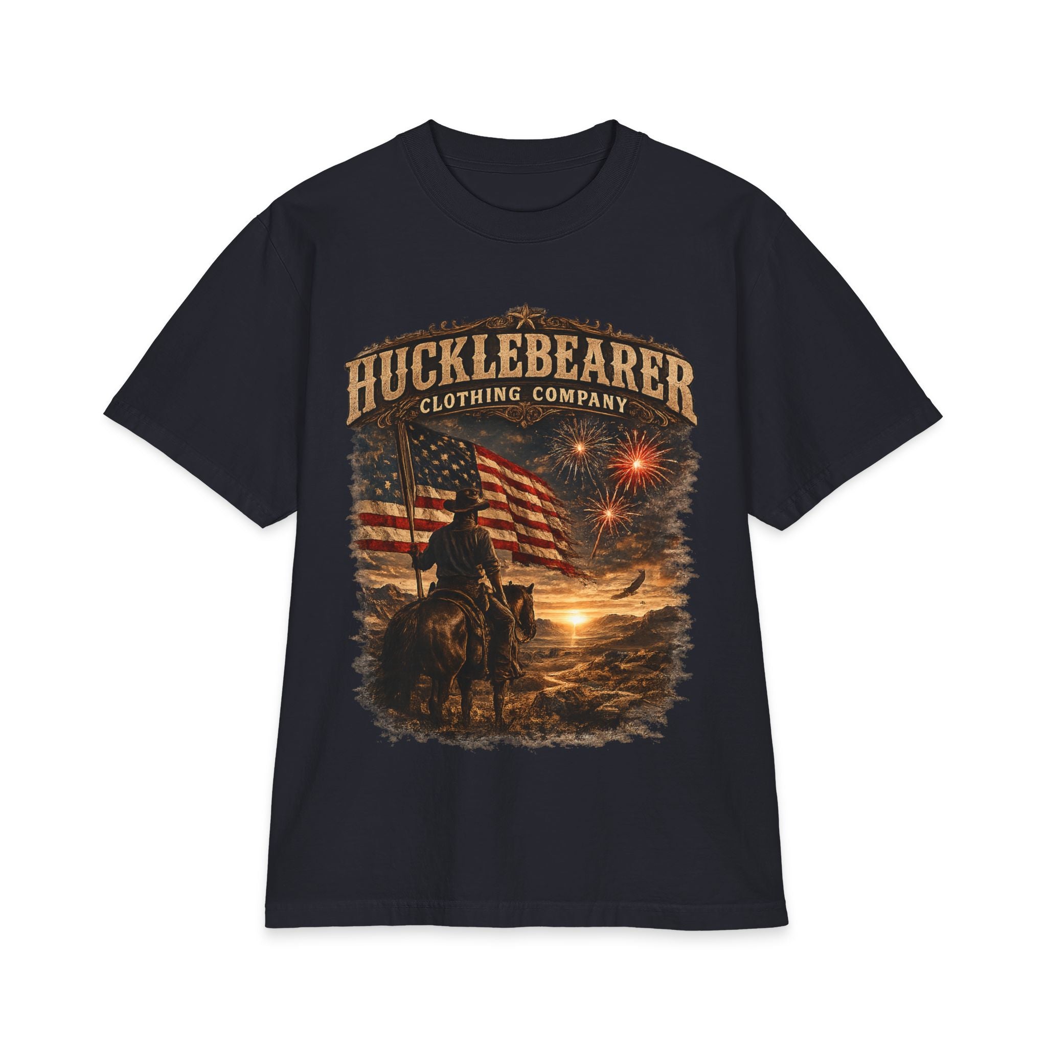 Hucklebearer Patriotic Vintage Sunset Cowboy Flag T-Shirt