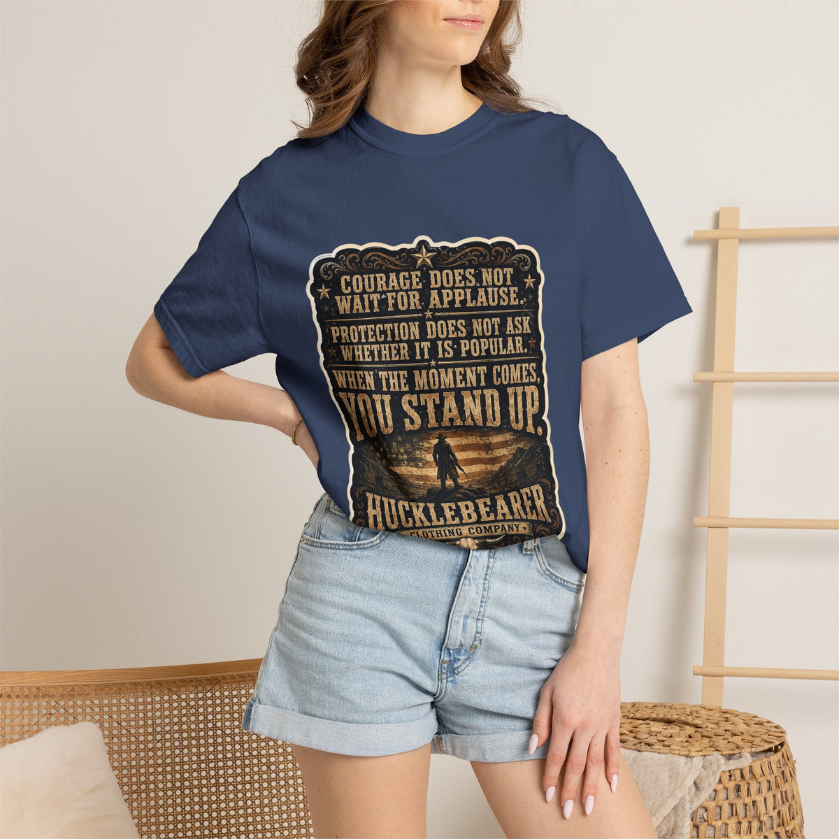 Front Print - HuckleBearer  — 'When the Moment Comes You Stand Up' Courage Motto T‑Shirt