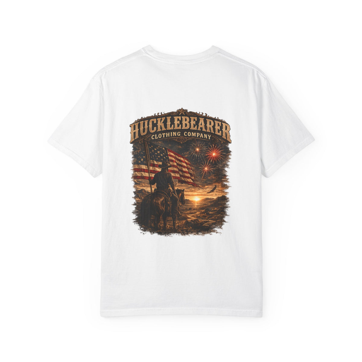 Back Print - Hucklebearer Patriotic Vintage Sunset Cowboy Flag T-Shirt