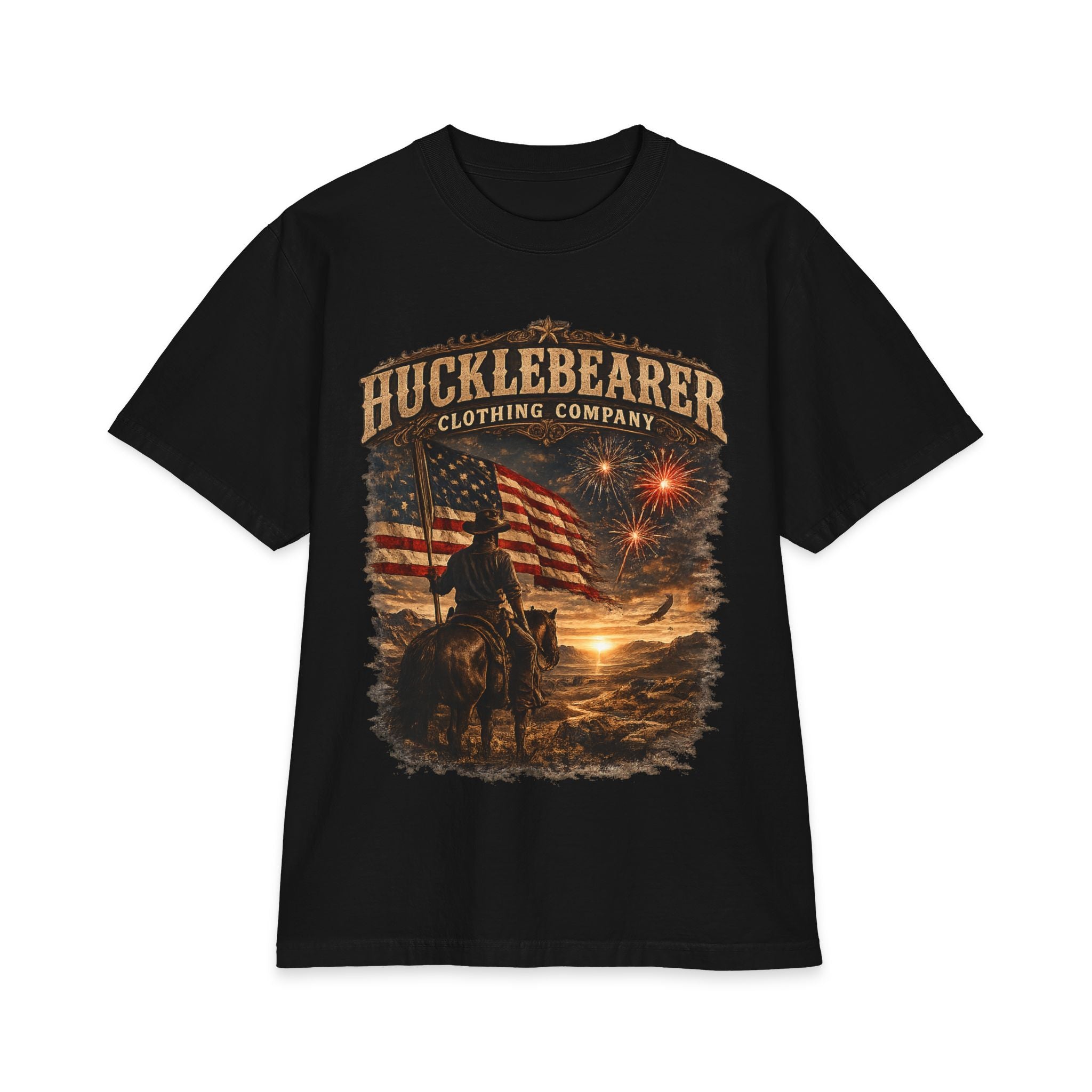 Hucklebearer Patriotic Vintage Sunset Cowboy Flag T-Shirt