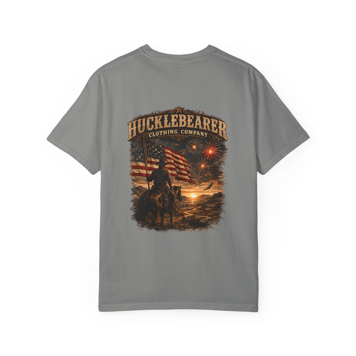 Back Print - Hucklebearer Patriotic Vintage Sunset Cowboy Flag T-Shirt