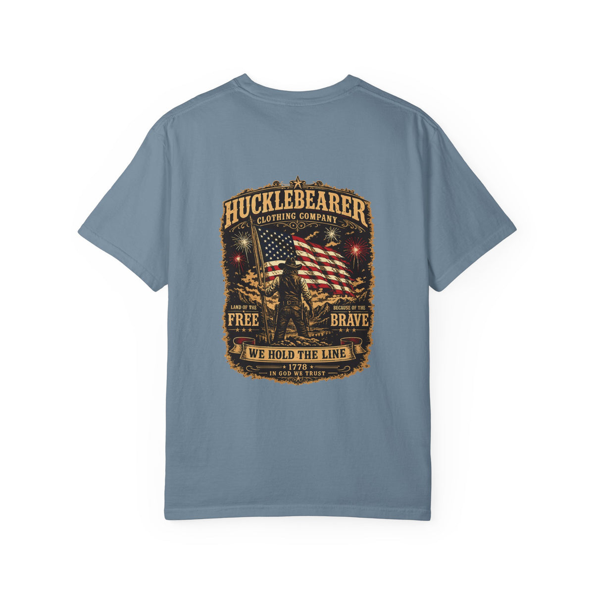 Front Print - HuckleBearer Patriotic 'We Hold The Line' Flag T‑Shirt
