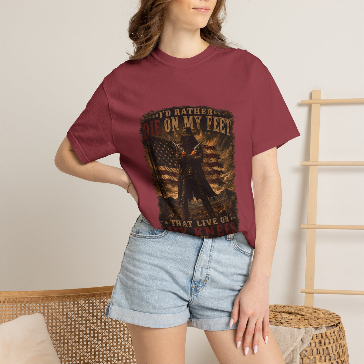 Front Print- Patriotic Cowboy T-Shirt — "I’d Rather Die On My Feet..." Graphic Tee