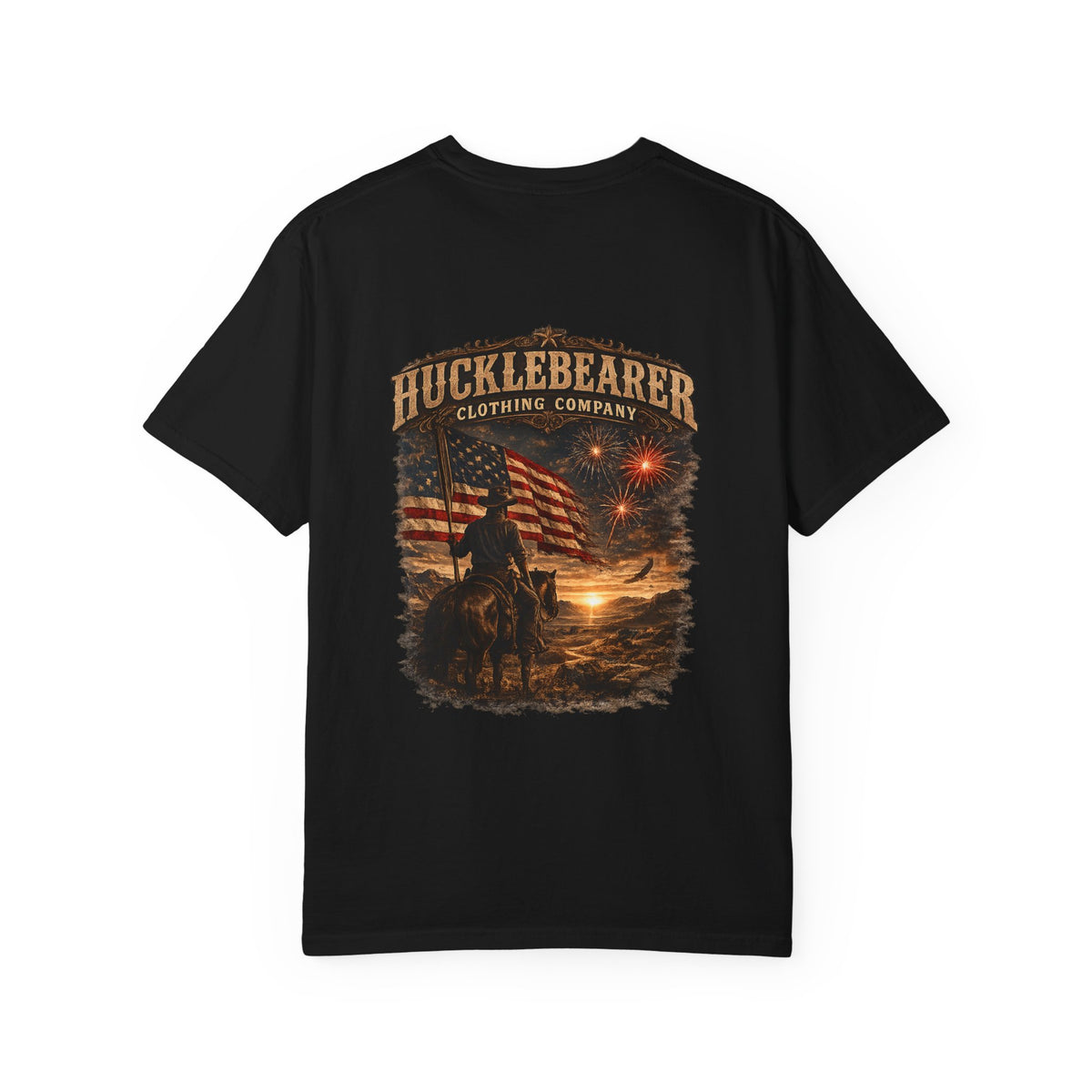 Back Print - Hucklebearer Patriotic Vintage Sunset Cowboy Flag T-Shirt